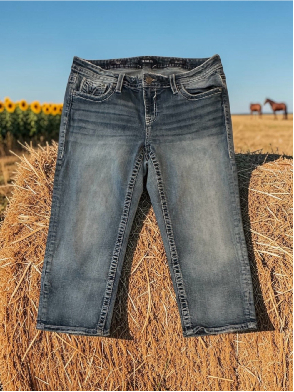 Vigoss Chelsea Capri Jeans Womens 16 BLUE Distressed Heritage Fit Embroidered